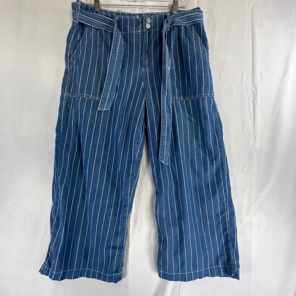 Seven7 Womens Pinstripe Wide Leg Crop High RiseJeans Blue White Tie Belt Size 12